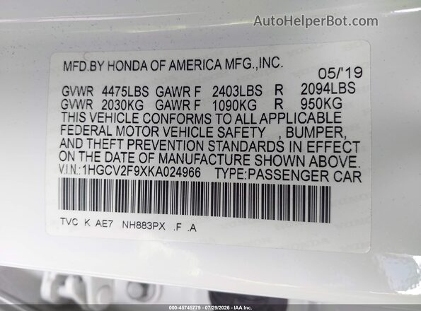 1HGCV2F9XKA024966 2019 HONDA ACCORD White Շարժիչի բաժամունքի տեսք