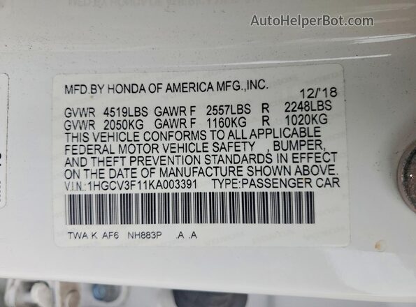 1HGCV3F11KA003391 2019 HONDA ACCORD White Вид підкапотного простору