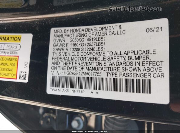 1HGCV3F12MA017755 2021 HONDA ACCORD Black Widok komory silnika