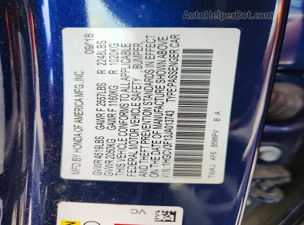 1HGCV3F13JA013743 2018 HONDA ACCORD Blue Շարժիչի բաժամունքի տեսք