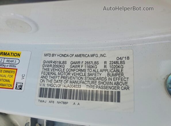 1HGCV3F14JA004033 2018 HONDA ACCORD White Շարժիչի բաժամունքի տեսք