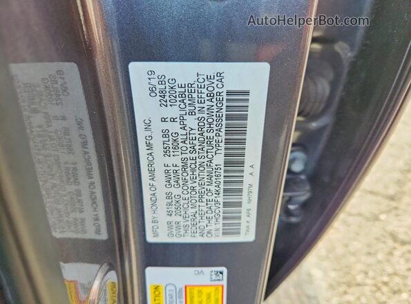 1HGCV3F14KA016751 2019 HONDA ACCORD Gray Engine compartment view