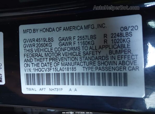 1HGCV3F15LA018185 2020 HONDA ACCORD Black Vista del compartimento del motor