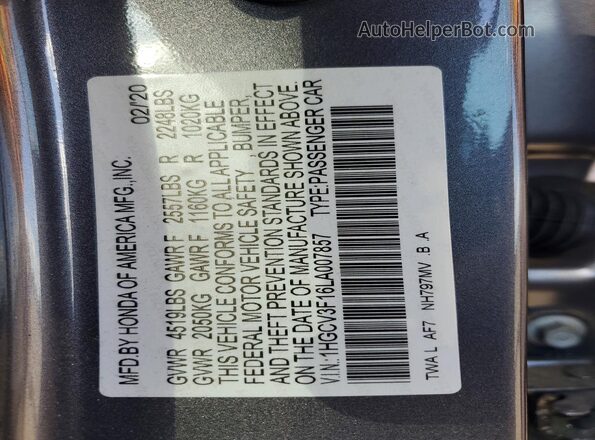 1HGCV3F16LA007857 2020 HONDA ACCORD Gray VIN კოდის სტიკერის ხედი