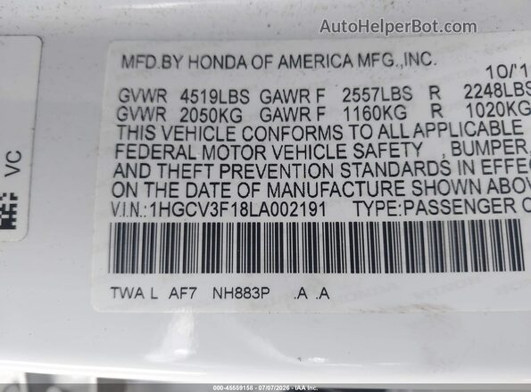 1HGCV3F18LA002191 2020 HONDA ACCORD White ძრავის განყოფილების ხედი