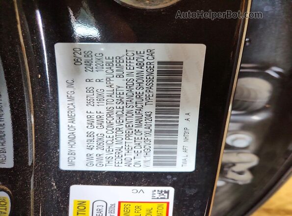 1HGCV3F1XLA012043 2020 HONDA ACCORD Черный Вид наклейки с VIN-кодом
