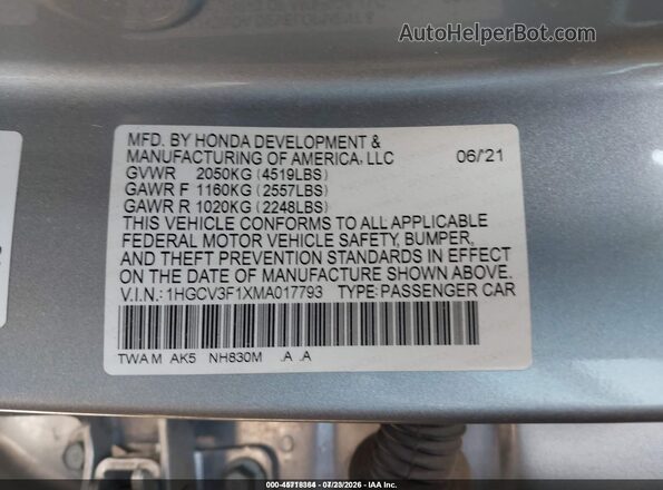 1HGCV3F1XMA017793 2021 HONDA ACCORD Gray Vista del compartimento del motor