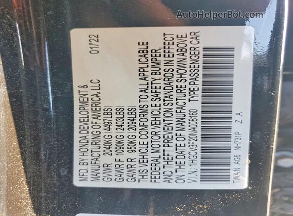 1HGCV3F20NA008160 2022 HONDA ACCORD Черный Вид подкапотного пространства