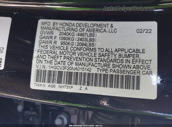 1HGCV3F20NA015142 2022 HONDA ACCORD Black Engine compartment view
