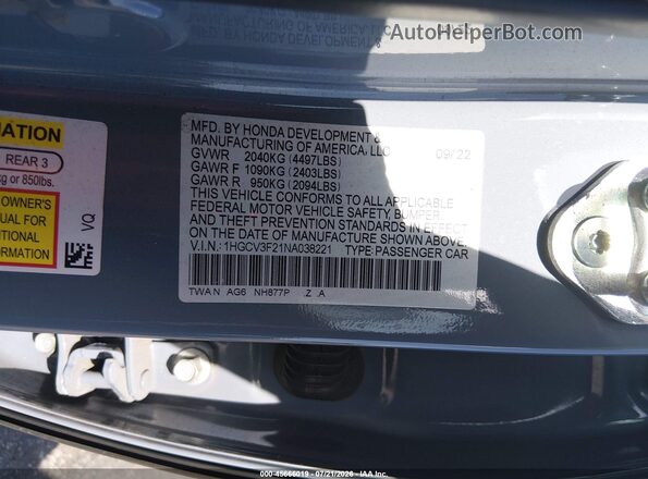 1HGCV3F21NA038221 2022 HONDA ACCORD Серый Вид подкапотного пространства