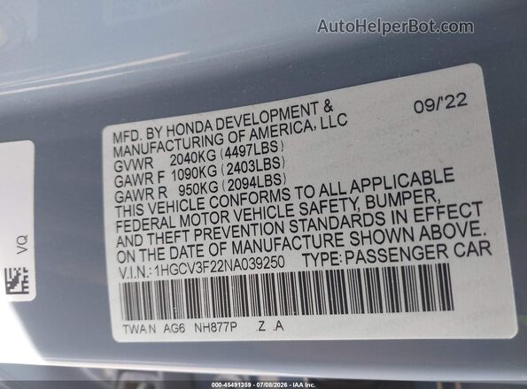 1HGCV3F22NA039250 2022 HONDA ACCORD Blue ძრავის განყოფილების ხედი