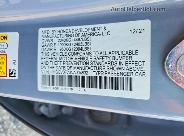 1HGCV3F23NA004832 2022 HONDA ACCORD Gray Շարժիչի բաժամունքի տեսք