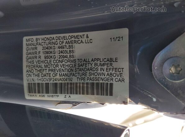 1HGCV3F24NA004192 2022 HONDA ACCORD Gray VIN կոդի պիտակի տեսք