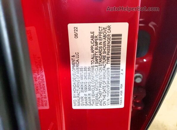 1HGCV3F24NA025978 2022 HONDA ACCORD Red Widok naklejki z numerem VIN