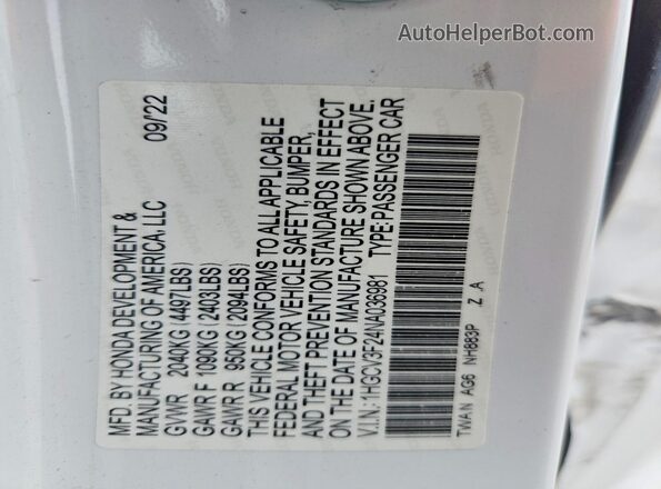 1HGCV3F24NA036981 2022 HONDA ACCORD White Вид наклейки з VIN-кодом