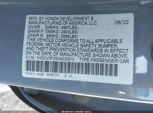 1HGCV3F25NA032910 2022 HONDA ACCORD Gray Engine compartment view