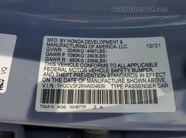 1HGCV3F26NA004839 2022 HONDA ACCORD Charcoal ძრავის განყოფილების ხედი