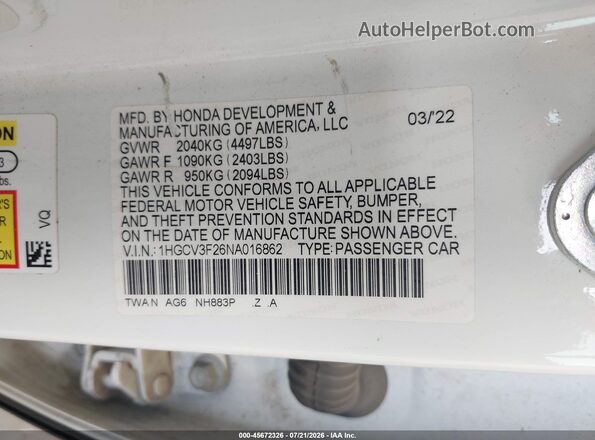 1HGCV3F26NA016862 2022 HONDA ACCORD White Շարժիչի բաժամունքի տեսք