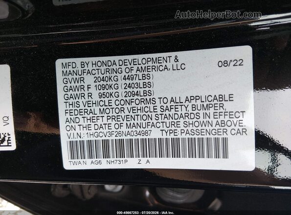 1HGCV3F26NA034987 2022 HONDA ACCORD Black Вид підкапотного простору