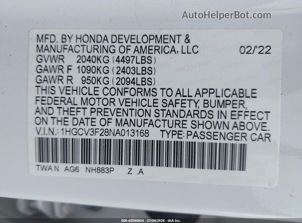 1HGCV3F28NA013168 2022 HONDA ACCORD White Vista del compartimento del motor