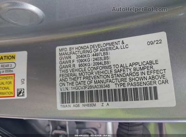 1HGCV3F28NA039348 2022 HONDA ACCORD Silver Engine compartment view