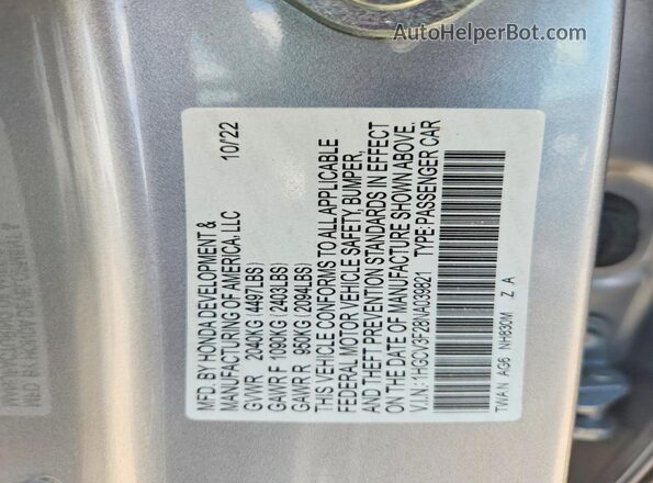1HGCV3F28NA039821 2022 HONDA ACCORD Silver Շարժիչի բաժամունքի տեսք