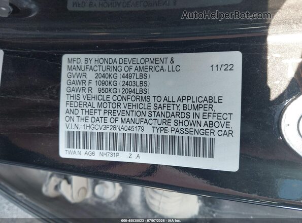 1HGCV3F28NA045179 2022 HONDA ACCORD Black ძრავის განყოფილების ხედი
