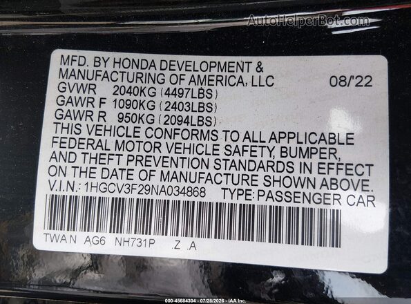 1HGCV3F29NA034868 2022 HONDA ACCORD Черный Вид подкапотного пространства
