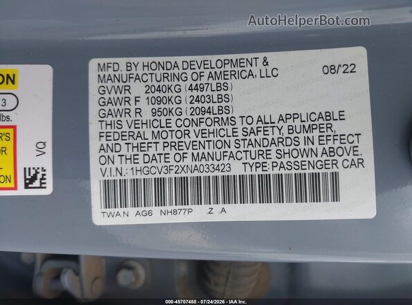1HGCV3F2XNA033423 2022 HONDA ACCORD Gray Շարժիչի բաժամունքի տեսք