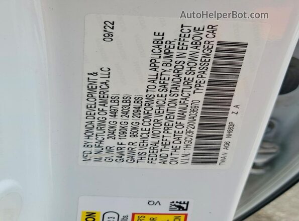 1HGCV3F2XNA036970 2022 HONDA ACCORD White Widok komory silnika