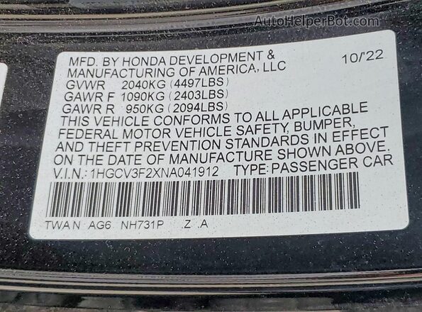 1HGCV3F2XNA041912 2022 HONDA ACCORD Black Widok naklejki z numerem VIN
