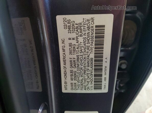 1HGCV3F41LA006089 2020 HONDA ACCORD Charcoal Շարժիչի բաժամունքի տեսք