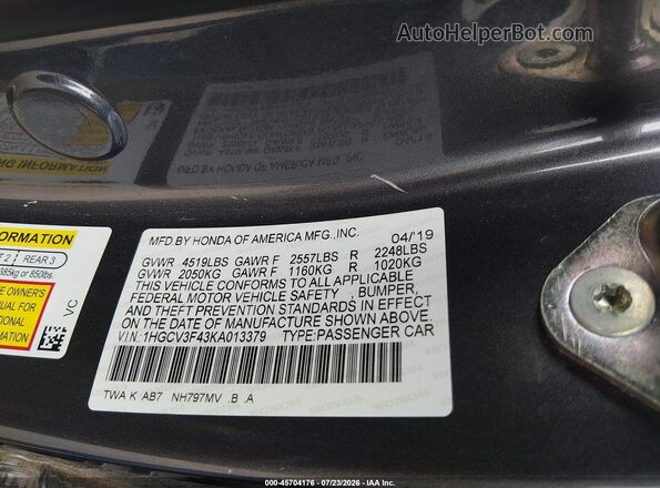 1HGCV3F43KA013379 2019 HONDA ACCORD Gray Vista del compartimento del motor