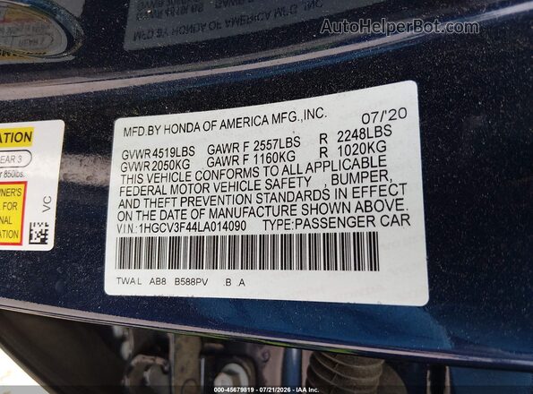 1HGCV3F44LA014090 2020 HONDA ACCORD Синий Вид подкапотного пространства