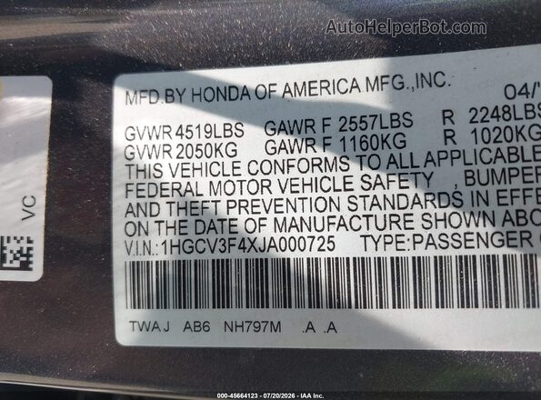 1HGCV3F4XJA000725 2018 HONDA ACCORD Gray ძრავის განყოფილების ხედი