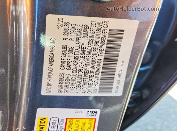 1HGCV3F4XMA004004 2021 HONDA ACCORD Charcoal Vista del compartimento del motor