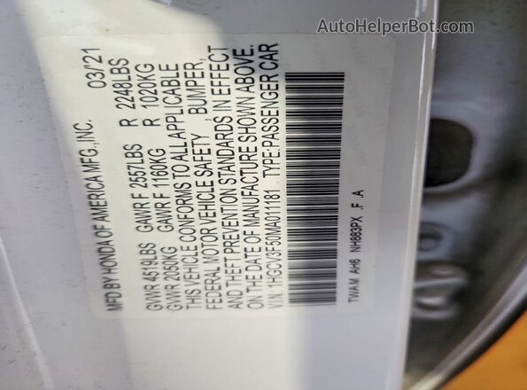 1HGCV3F50MA011181 2021 HONDA ACCORD Белый Вид наклейки с VIN-кодом