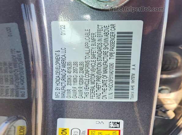 1HGCV3F51NA010090 2022 HONDA ACCORD Серый Вид наклейки с VIN-кодом