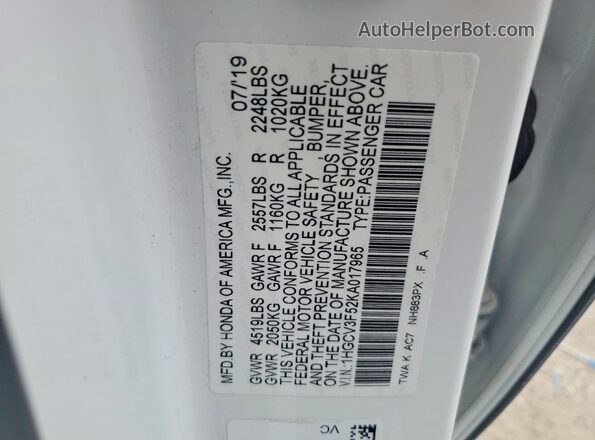 1HGCV3F52KA017965 2019 HONDA ACCORD White ძრავის განყოფილების ხედი
