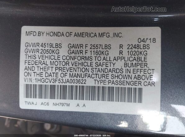 1HGCV3F53JA003622 2018 HONDA ACCORD Gray Շարժիչի բաժամունքի տեսք