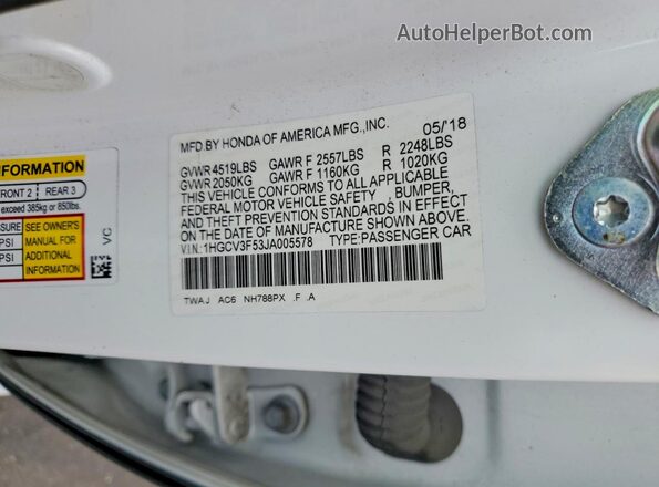 1HGCV3F53JA005578 2018 HONDA ACCORD White Շարժիչի բաժամունքի տեսք