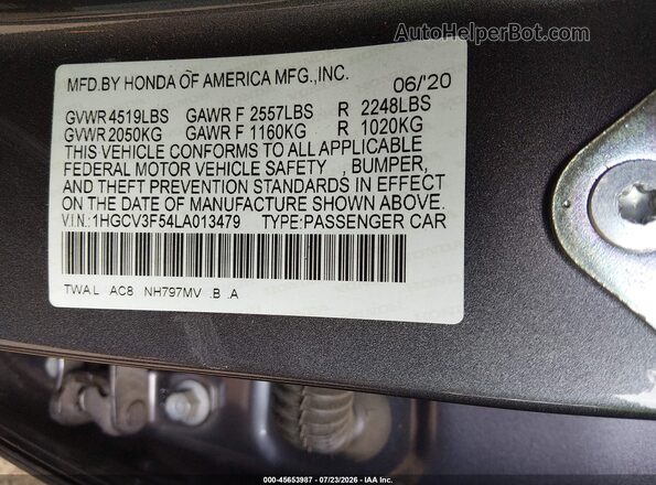 1HGCV3F54LA013479 2020 HONDA ACCORD Gray ძრავის განყოფილების ხედი