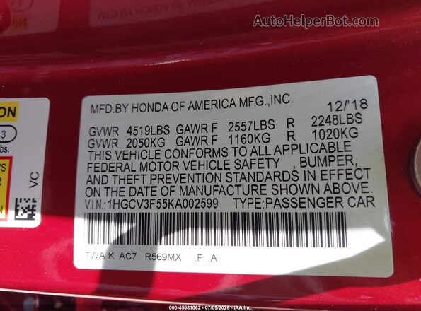 1HGCV3F55KA002599 2019 HONDA ACCORD Red Vista del compartimento del motor