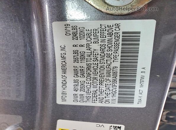 1HGCV3F55KA006779 2019 HONDA ACCORD Gray ძრავის განყოფილების ხედი