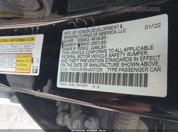 1HGCV3F55NA007239 2022 HONDA ACCORD Black ძრავის განყოფილების ხედი
