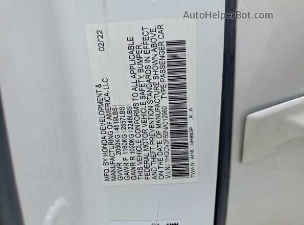 1HGCV3F55NA012960 2022 HONDA ACCORD Белый Вид подкапотного пространства