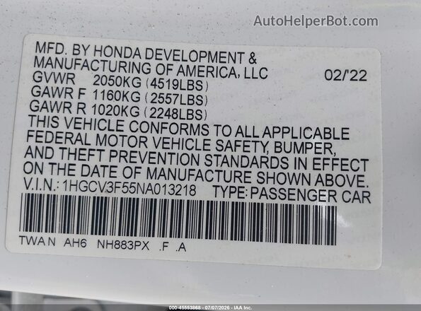 1HGCV3F55NA013218 2022 HONDA ACCORD White Engine compartment view