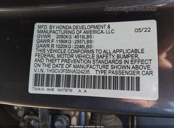 1HGCV3F55NA024235 2022 HONDA ACCORD Gray Widok komory silnika