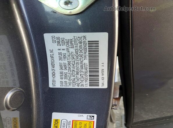 1HGCV3F56LA007277 2020 HONDA ACCORD Gray Vista de la etiqueta del VIN