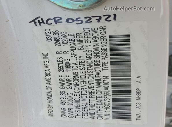 1HGCV3F56LA010714 2020 HONDA ACCORD White Շարժիչի բաժամունքի տեսք